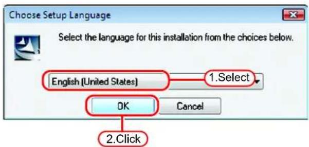 Choose Setup Language Select the language for this installation from the choices below. English (United States) 1. Select OK Cancel 2. Click