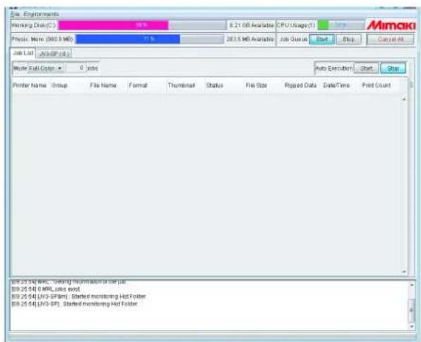 File Edit Winning Disk(C): 50% 8.21 GB Available CPU Usage(I) Start Physics: Mon (960.8 MB) 71% 2013 MB Available Job Queue Start Stop Cancel All Job List Auto-SP (4) Mode Full Color 0 Jobs Auto Execution Start Stop Printer Name Group File Name Format Thumbnail Status File Size Ripped Data Date/Time Print Count B9.25.54 [MRL - Starting information for the job B9.25.54 [MRL jobs exist B9.25.54 [JNQ-SPM]: Started monitoring Hot Folder B9.25.54 [JNQ-SP]: Started monitoring Hot Folder