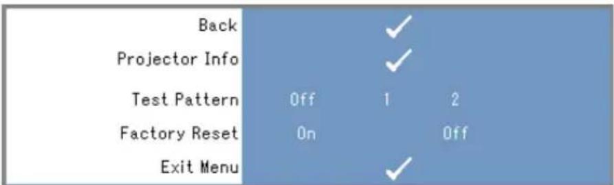 Back Projector Info Test Pattern Off 1 2 Factory Reset On Off Exit Menu