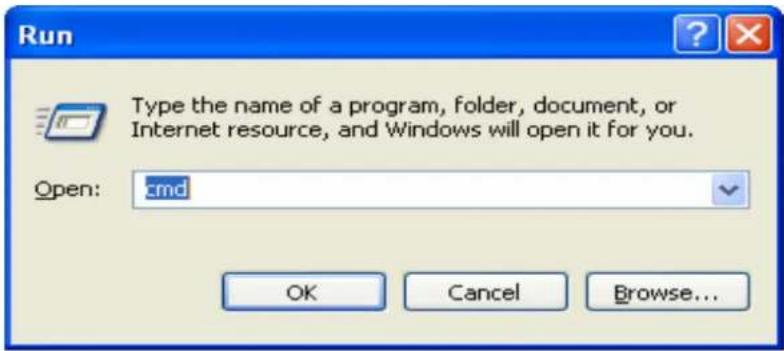Run Type the name of a program, folder, document, or Internet resource, and Windows will open it for you. Open: cmd OK Cancel Browse...