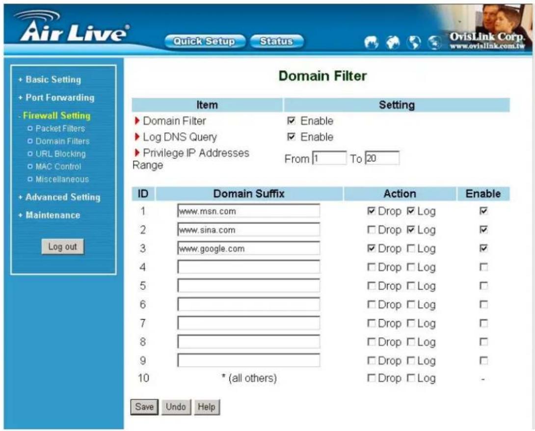 Air Live® Quick Setup Status OvisLink Corp. www.ovialink.com.tw Domain Filter Item Setting ► Domain Filter ✓ Enable ► Log DNS Query ✓ Enable ► Privilege IP Addresses Range From 1 To 20 ID Domain Suffix Action Enable 1 www.msn.com ✓ Drop ✓ Log ✓ 2 www.sina.com □ Drop ✓ Log ✓ 3 www.google.com ✓ Drop □ Log ✓ 4 5 6 7 8 9 10 * (all others) □ Drop □ Log - Save Undo Help