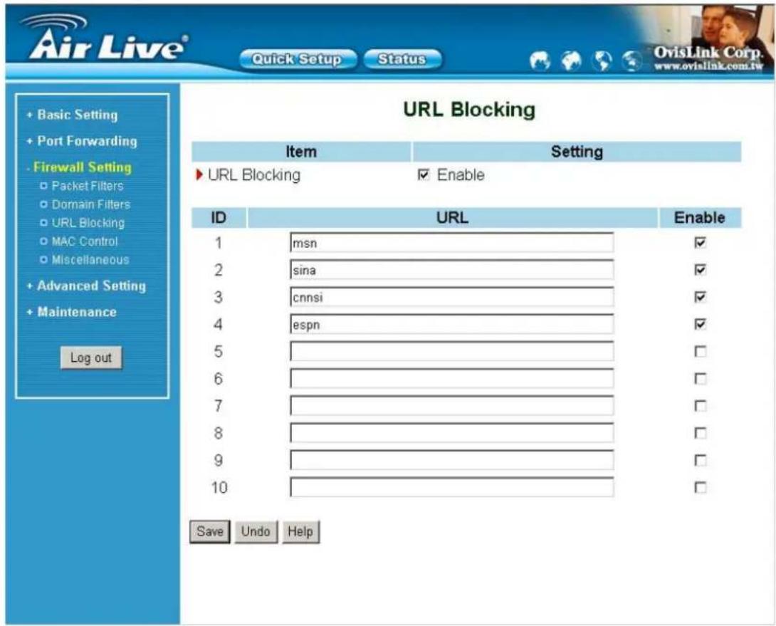 Air Live® Quick Setup Status + Basic Setting + Port Forwarding - Firewall Setting ○ Packet Filters ○ Domain Filters ○ URL Blocking ○ MAC Control ○ Miscellaneous + Advanced Setting + Maintenance Log out URL Blocking Item Setting ► URL Blocking ✓ Enable ID URL Enable 1 msn ✓ 2 sina ✓ 3_cnnsi ✓ 4-espn ✓ 5 6 7 8 9 10 Save Undo Help OvisLink Corp. www.ovislink.com.tw