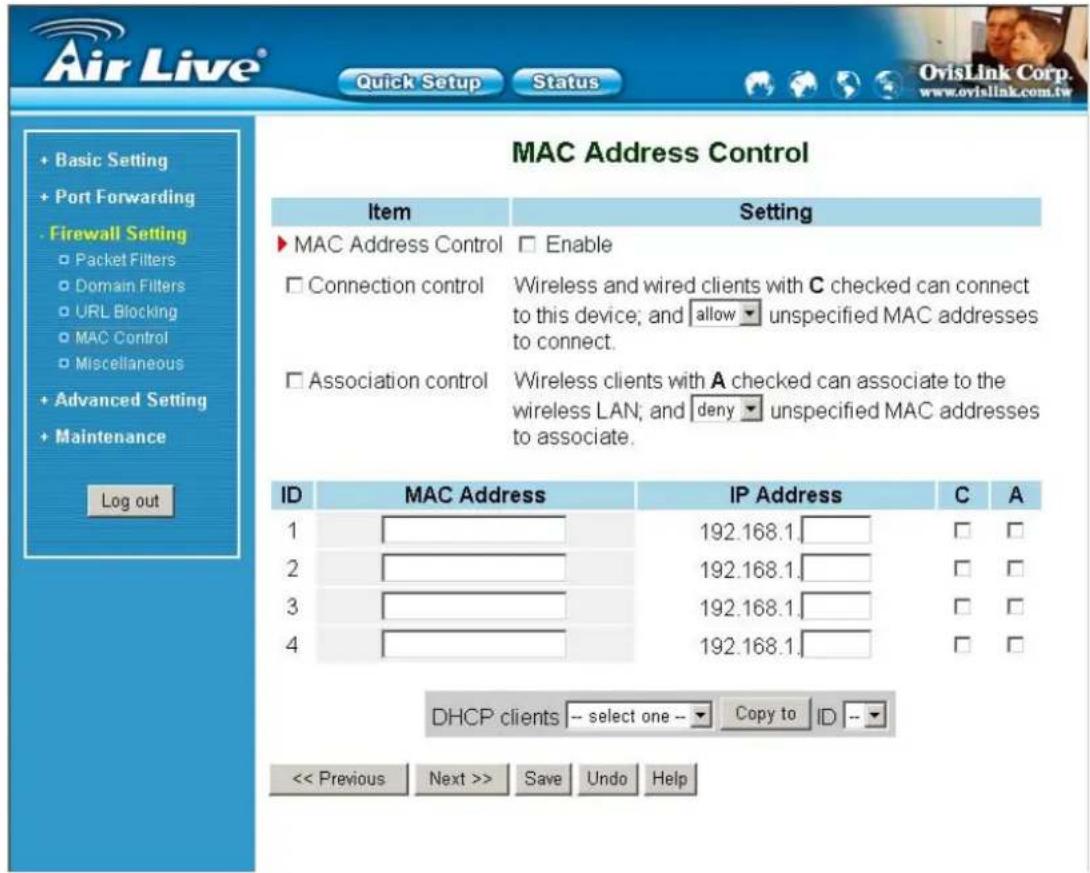 Mac Address Control Item Setting ▶ MAC Address Control □ Enable □ Connection control Wireless and wired clients with C checked can connect to this device; and allow unspecified MAC addresses to connect. □ Association control Wireless clients with A checked can associate to the wireless LAN; and deny unspecified MAC addresses to associate. ID MAC Address IP Address C A 1 192.168.1 □ □ 2 192.168.1 □ □ 3 192.168.1 □ □ 4 192.168.1 □ □ DHCP clients -- select one -- Copy to ID -- << Previous Next >> Save Undo Help