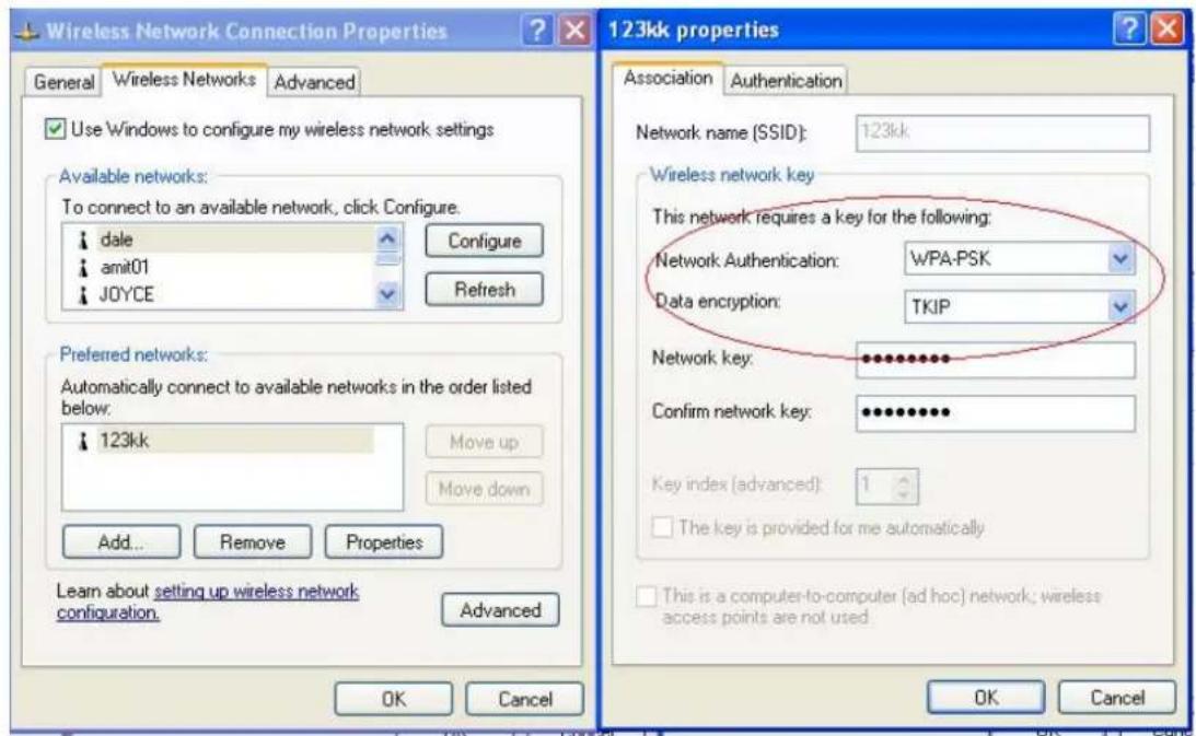 Wireless Network Connection Properties General Wireless Networks Advanced Use Windows to configure my wireless network settings Available networks: To connect to an available network, click Configure. dale amit01 JOYCE Configure Refresh Preferred networks: Automatically connect to available networks in the order listed below. 123kk Move up Move down Add... Remove Properties Learn about setting up wireless network configuration. Advanced 123kk properties Association Authentication Network name (SSID): 123kk Wireless network key This network requires a key for the following: Network Authentication: WPA-PSK Data encryption: TKIP Network key: ********** Confirm network key: ********** Key index (advanced): 1 The key is provided for me automatically This is a computer-to-computer (ad hoc) network; wireless access points are not used OK Cancel