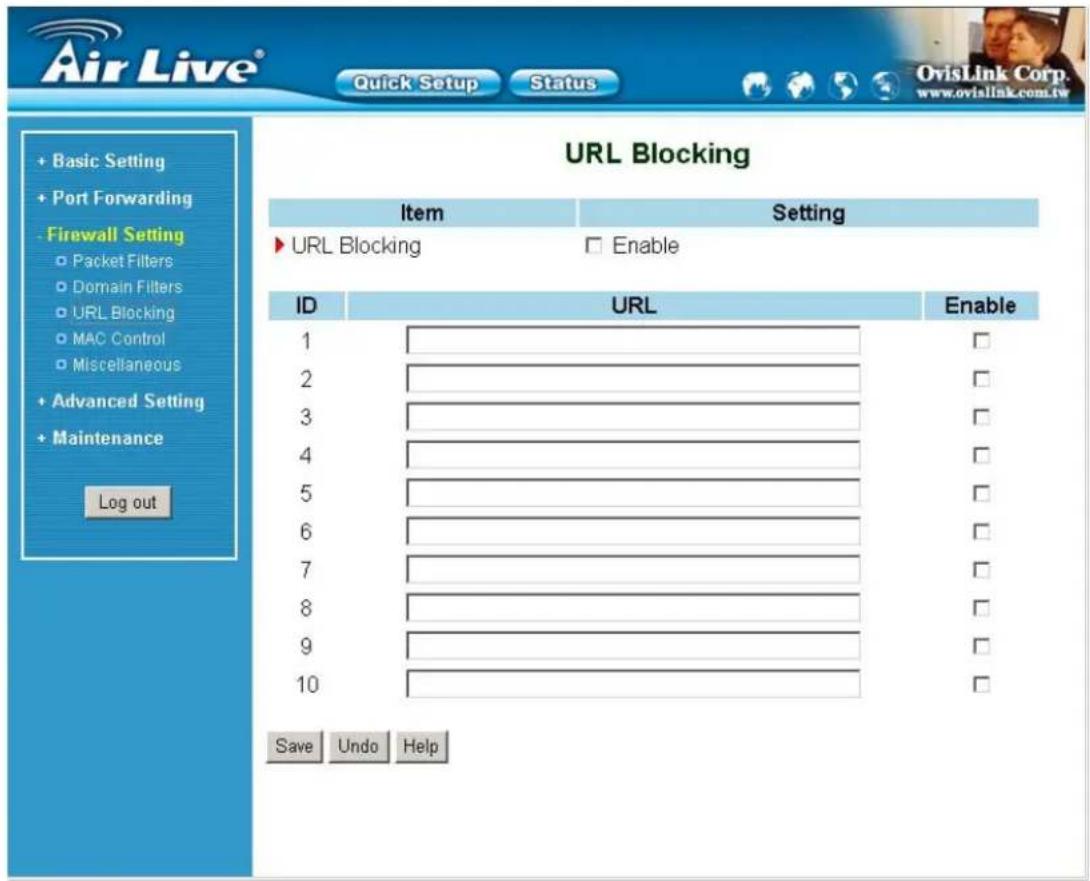 Air Live® Quick Setup Status OvisLink Corp. www.ovislink.com.tw + Basic Setting + Port Forwarding - Firewall Setting ○ Packet Filters ○ Domain Filters ○ URL Blocking ○ MAC Control ○ Miscellaneous + Advanced Setting + Maintenance Log out URL Blocking Item Setting ► URL Blocking Enable ID URL Enable 1 2 3 4 5 6 7 8 9 10 Save Undo Help