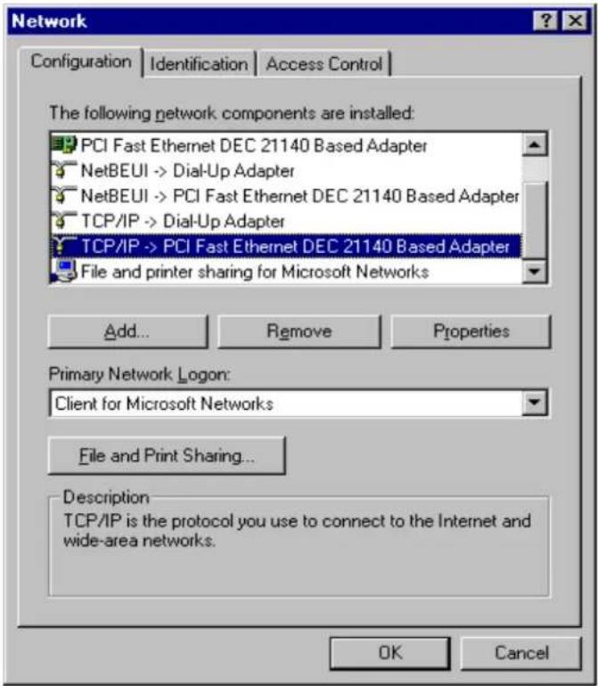 Network Configuration | Identification | Access Control | The following network components are installed: PCI Fast Ethernet DEC 21140 Based Adapter NetBEUI -> Dial-Up Adapter NetBEUI -> PCI Fast Ethernet DEC 21140 Based Adapter TCP/IP -> Dial-Up Adapter TCP/IP -> PCI Fast Ethernet DEC 21140 Based Adapter File and printer sharing for Microsoft Networks Add... Remove Properties Primary Network Logon: Client for Microsoft Networks File and Print Sharing... Description TCP/IP is the protocol you use to connect to the Internet and wide-area networks. OK Cancel