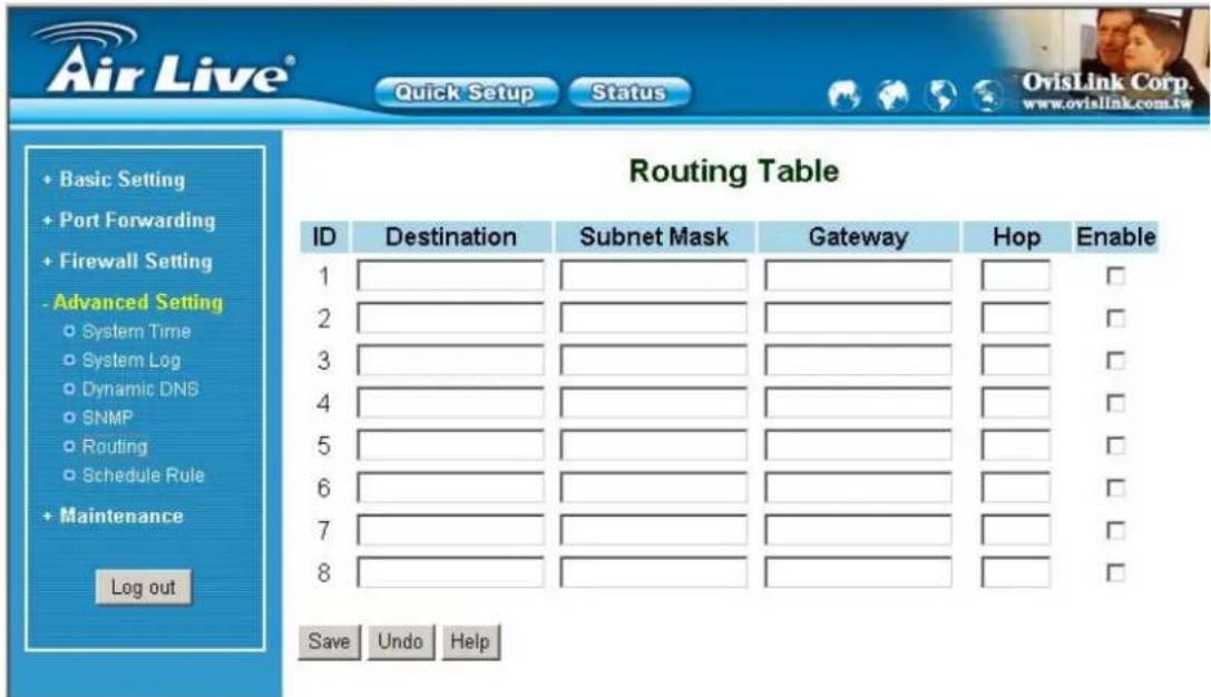Air Live® Quick Setup Status OvisLink Corp. www.ovialink.com.tw Routing Table ID Destination Subnet Mask Gateway Hop Enable 1 2 3 4 5 6 7 8 Save Undo Help