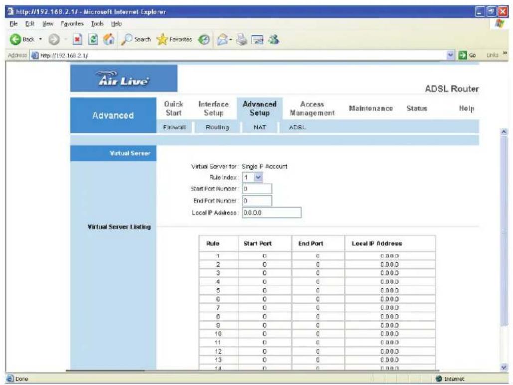 http://192.168.2.1f - Microsoft Internet Explorer File Edit View Favorites Tools Help Back Search Favorites Address Http://192.168.2.1f Air Live® ADSL Router Advanced Quick Start Interface Advanced Access Maintenance Status Help Firewall Routing NAT ADSL Virtual Server Virtual Server for: Single IP Account Rule Index: 1 Start Port Number: 0 End Port Number: 0 Local IP Address: 0.0.0.0 Rule Start Port End Port Local IP Address 1 0 0 0.0.0.0 2 0 0 0.0.0.0 3 0 0 0.0.0.0 4 0 0 0.0.0.0 5 0 0 0.0.0.0 6 0 0 0.0.0.0 7 0 0 0.0.0.0 8 0 0 0.0.0.0 9 0 0 0.0.0.0 10 0 0 0.0.0.0 11 0 0 0.0.0.0 12 0 0 0.0.0.0 13 0 0 0.0.0.0 14 0 0 0.0.0.0 Done Internet