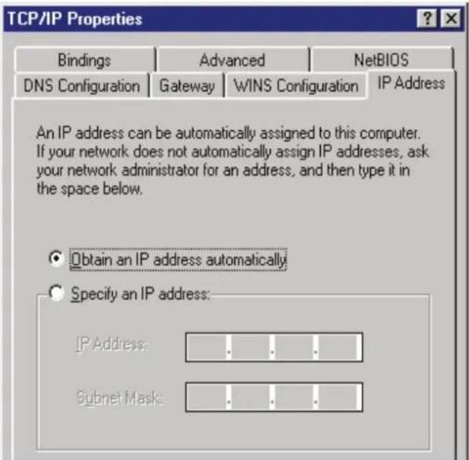 TCP/IP Properties Bindings Advanced NetsBIOS DNS Configuration Gateway WINS Configuration IP Address An IP address can be automatically assigned to this computer. If your network does not automatically assign IP addresses, ask your network administrator for an address, and then type it in the space below. Obtain an IP address automatically Specify an IP address: IP Address: .... .... .... Subnet Mask: .... .... ....