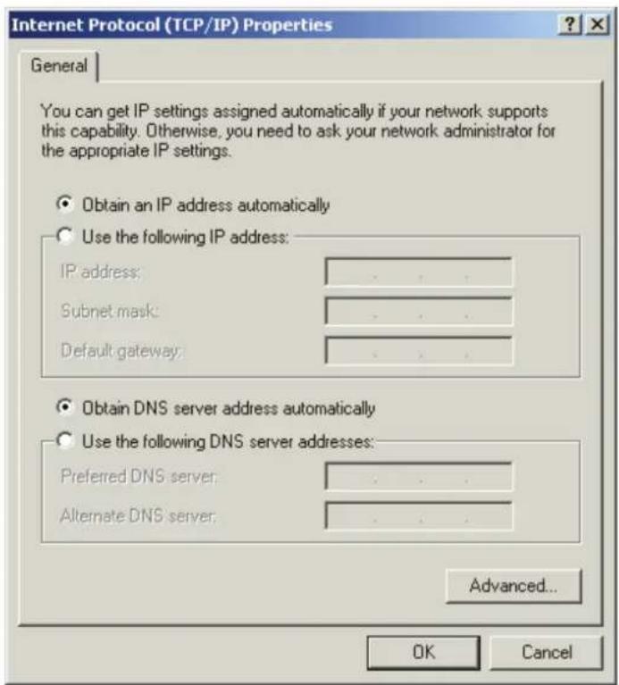 Internet Protocol (TCP/IP) Properties General You can get IP settings assigned automatically if your network supports this capability. Otherwise, you need to ask your network administrator for the appropriate IP settings. Obtain an IP address automatically Use the following IP address: IP address: .... Subnet mask: .... Default gateway: .... Obtain DNS server address automatically Use the following DNS server addresses: Preferred DNS server: .... Alternate DNS server: .... Advanced... OK Cancel