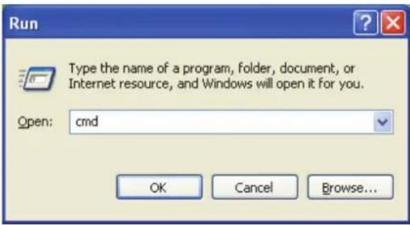 Run Type the name of a program, folder, document, or Internet resource, and Windows will open it for you. Open: cmd OK Cancel Browse...