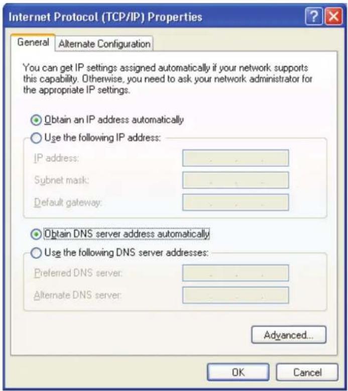 Internet Protocol (TCP/IP) Properties General Alternate Configuration You can get IP settings assigned automatically if your network supports this capability. Otherwise, you need to ask your network administrator for the appropriate IP settings. Obtain an IP address automatically Use the following IP address: IP address: - Subnet mask: - Default gateway: - Obtain DNS server address automatically Use the following DNS server addresses: Preferred DNS server: - Alternate DNS server: - Advanced... OK Cancel