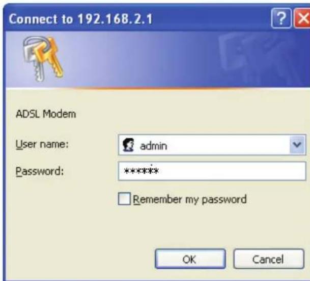 Connect to 192.168.2.1 ADSL Modem User name: admin Password: ***** Remember my password OK Cancel