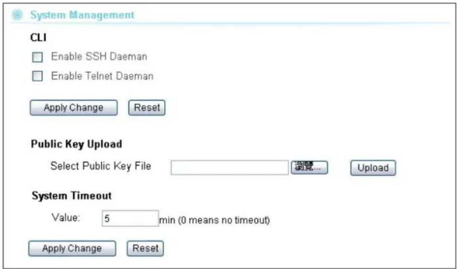 System Management CLI Enable SSH Daeman Enable Telnet Daeman Apply Change Reset Public Key Upload Select Public Key File 浏览... Upload System Timeout Value: 5 min (0 means no timeout) Apply Change Reset