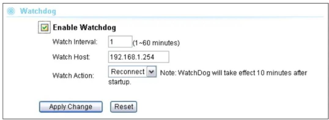 Watchdog Enable Watchdog Watch Interval: 1 (1~60 minutes) Watch Host: 192.168.1.254 Watch Action: Reconnect Note: WatchDog will take effect 10 minutes after startup. Apply Change Reset