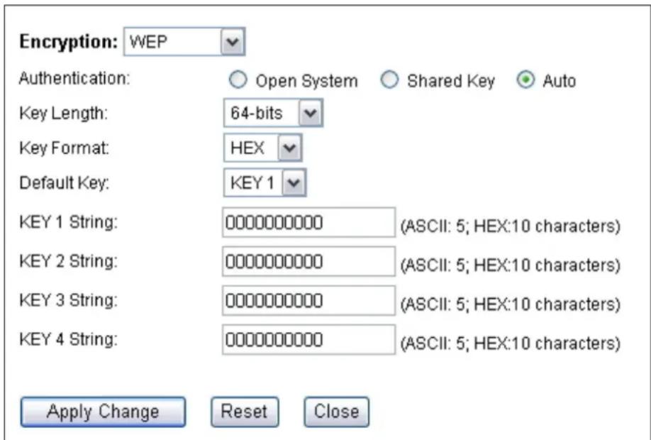 Encryption: WEP Authentication: Open System Shared Key Auto Key Length: 64-bits Key Format: HEX Default Key: KEY 1 KEY 1 String: 00000000000 (ASCII: 5; HEX:10 characters) KEY 2 String: 00000000000 (ASCII: 5; HEX:10 characters) KEY 3 String: 00000000000 (ASCII: 5; HEX:10 characters) KEY 4 String: 00000000000 (ASCII: 5; HEX:10 characters) Apply Change Reset Close