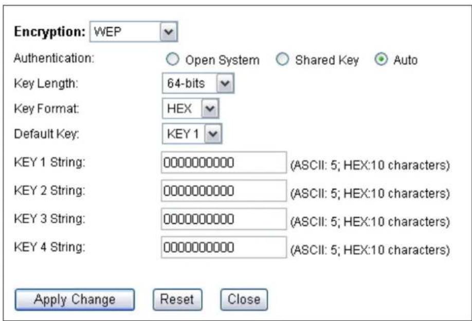 Encryption: WEP Authentication: Open System Shared Key Auto Key Length: 64-bits Key Format: HEX Default Key: KEY 1 KEY 1 String: 0000000000 (ASCII: 5; HEX:10 characters) KEY 2 String: 0000000000 (ASCII: 5; HEX:10 characters) KEY 3 String: 0000000000 (ASCII: 5; HEX:10 characters) KEY 4 String: 0000000000 (ASCII: 5; HEX:10 characters) Apply Change Reset Close