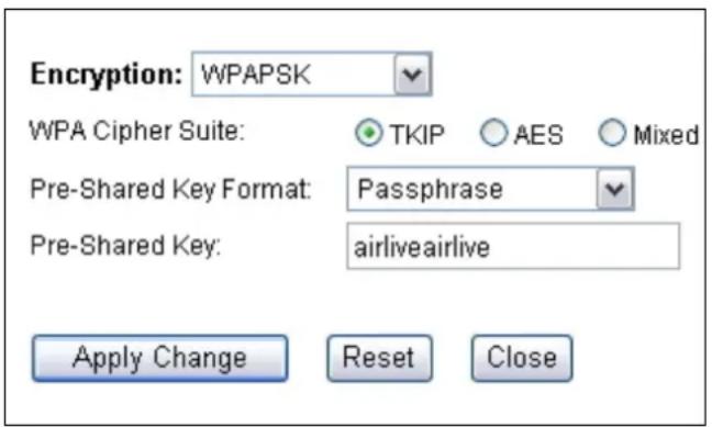 Encryption: WPAPSK WPA Cipher Suite: TKIP AES Mixed Pre-Shared Key Format: Passphrase Pre-Shared Key: airliveairlive Apply Change Reset Close
