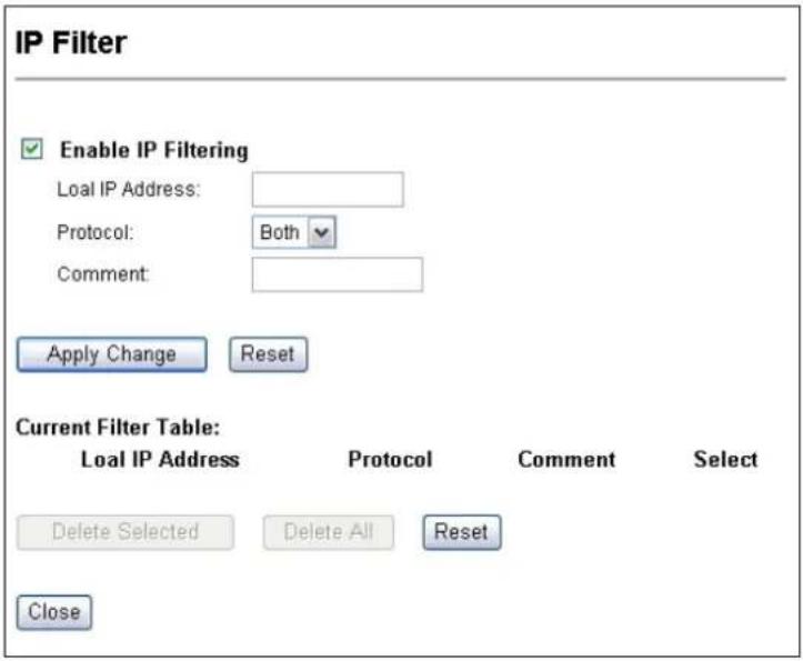 IP Filter Enable IP Filtering LoaIP Address: Protocol: Both Comment: Apply Change Reset Current Filter Table: LoaIP Address Protocol Comment Select Delete Selected Delete All Reset Close