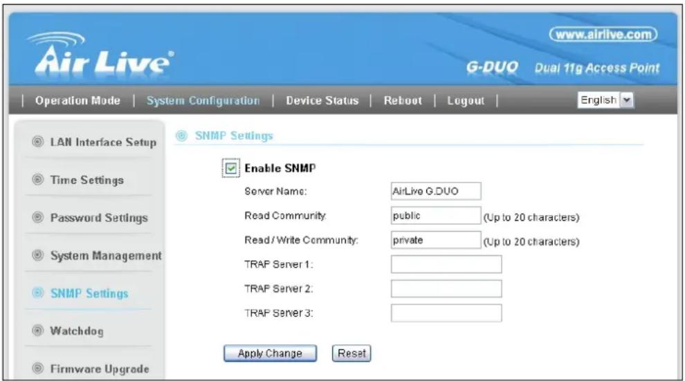 Air Live® www.airlive.com G-DUQ Dual 11g Access Point Operation Mode | System Configuration | Device Status | Reboot | Logout | English LAN Interface Setup Time Settings Password Settings System Management SNMP Settings Watchdog Firmware Upgrade SNMP Settings Enable SNMP Server Name: AirLive G.DUO Read Community: public (Up to 20 characters) Read/Write Community: private (Up to 20 characters) TRAP Server 1: TRAP Server 2: TRAP Server 3: Apply Change Reset