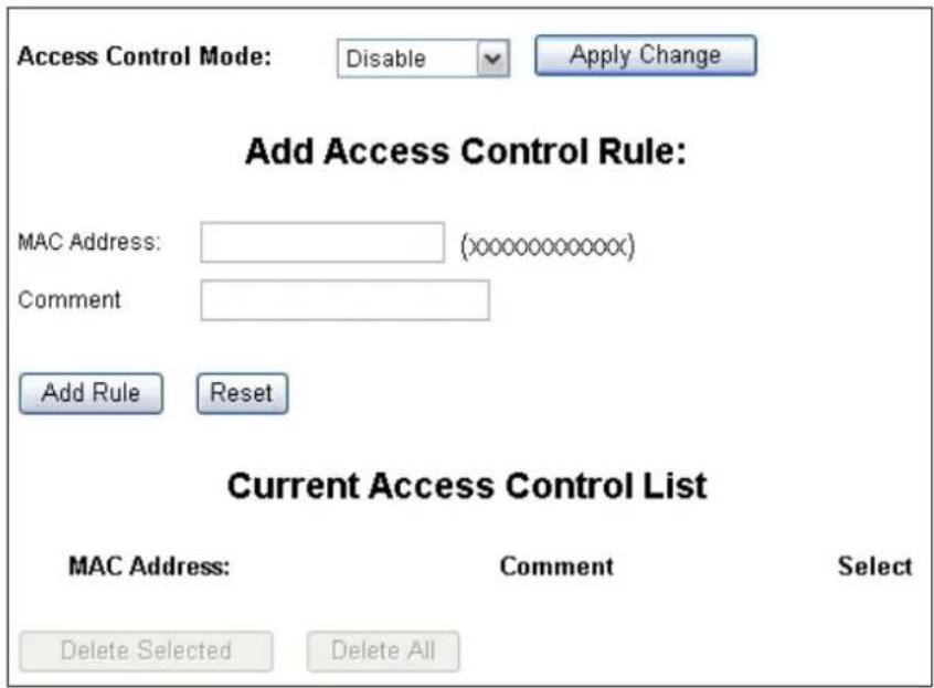Access Control Mode: Disable Apply Change Add Access Control Rule: MAC Address: (xxxxxxxxxxxxxxx) Comment Add Rule Reset Current Access Control List MAC Address: Comment Select Delete Selected Delete All