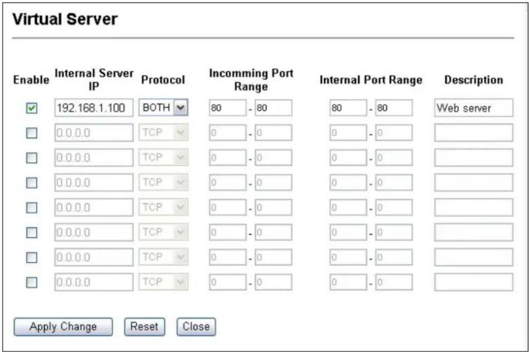 Virtual Server Enable Internal Server IP Protocol Incoming Port Range Internal Port Range Description ✓ 192.168.1.100 BOTH 80 - 80 80 - 80 Web server □ 0.0.0.0 TCP 0 - 0 0 - 0 □ 0.0.0.0 TCP 0 - 0 0 - 0 □ 0.0.0.0 TCP 0 - 0 0 - 0 □ 0.0.0.0 TCP 0 - 0 0 - 0 □ 0.0.0.0 TCP 0 - 0 0 - 0 □ 0.0.0.0 TCP 0 - 1 0 - 1 □ 0.0.0.0 TCP 0 - 1 0 - 1 Apply Change Reset Close