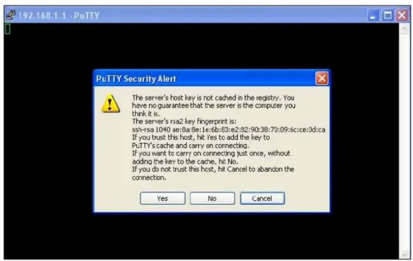 192.168.1.1 - PuTTY PuTTY Security Alert The server's host key is not cached in the registry. You have no guarantee that the server is the computer you think it is. The server's rsa2 key fingerprint is: ssh-rsa 1040 ae:8a:8e:1e:6b:63:e2:82:90:38:70:09:6c:ce:0d:ca If you trust this host, hit Yes to add the key to PuTTY's cache and carry on connecting. If you want to carry on connecting just once, without adding the key to the cache, hit No. If you do not trust this host, hit Cancel to abandon the connection. Yes No Cancel