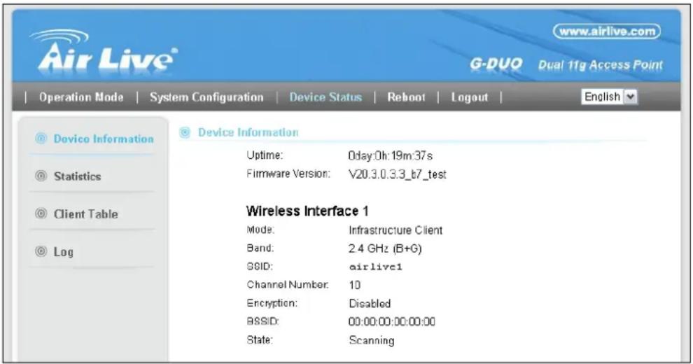 Air Live® www.airlive.com G-DUO Dual 11g Access Point Operation Mode | System Configuration | Device Status | Reboot | Logout | English Device Information Uptime: 0day:0h:19m:37s Firmware Version: V20.3.0.3.3_b7_test Wireless Interface 1 Mode: Infrastructure Client Band: 2.4 GHz (B+G) SSID: airlive1 Channel Number: 10 Encryption: Disabled SSID: 00:00:00:00:00:00 State: Scanning