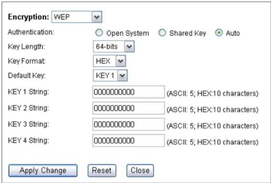 Encryption: WEP Authentication: Open System Shared Key Auto Key Length: 64-bits Key Format: HEX Default Key: KEY 1 KEY 1 String: 0000000000 (ASCII: 5; HEX:10 characters) KEY 2 String: 0000000000 (ASCII: 5; HEX:10 characters) KEY 3 String: 0000000000 (ASCII: 5; HEX:10 characters) KEY 4 String: 0000000000 (ASCII: 5; HEX:10 characters) Apply Change Reset Close