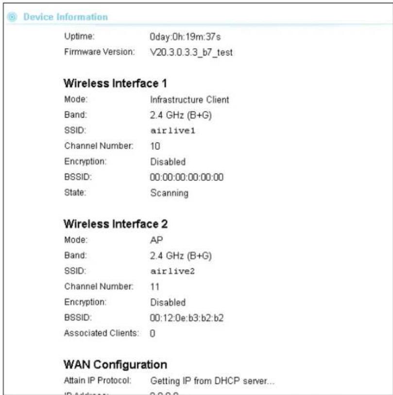 Device Information Uptime: 0day:0h:19m:37s Firmware Version: V20.3.0.3.3_b7_test Wireless Interface 1 Mode: Infrastructure Client Band: 2.4 GHz (B+G) SSID: airlive1 Channel Number: 10 Encryption: Disabled BSSID: 00:00:00:00:00:00 State: Scanning Wireless Interface 2 Mode: AP Band: 2.4 GHz (B+G) SSID: airlive2 Channel Number: 11 Encryption: Disabled BSSID: 00:12:0e:b3:b2:b2 Associated Clients: 0 WAN Configuration Attain IP Protocol: Getting IP from DHCP server...