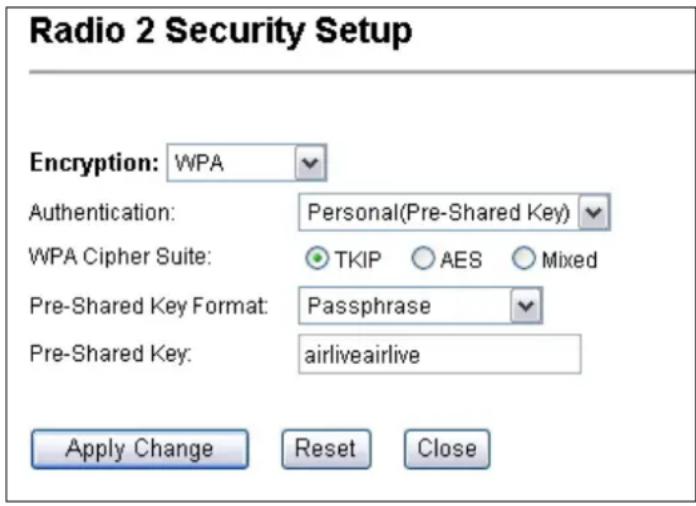 Radio 2 Security Setup Encryption: WPA Authentication: Personal(Pre-Shared Key) WPA Cipher Suite: TKIP AES Mixed Pre-Shared Key Format: Passphrase Pre-Shared Key: airliveairlive Apply Change Reset Close