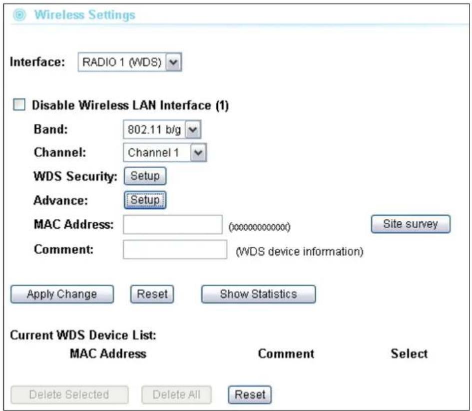 Wireless Settings Interface: RADIO 1 (WDS) Disable Wireless LAN Interface (1) Band: 802.11 b/g Channel: Channel 1 WDS Security: Setup Advance: Setup MAC Address: (xxxxxxxxxxxxxx) Site survey Comment: (WDS device information) Apply Change Reset Show Statistics Current WDS Device List: MAC Address Comment Select Delete Selected Delete All Reset