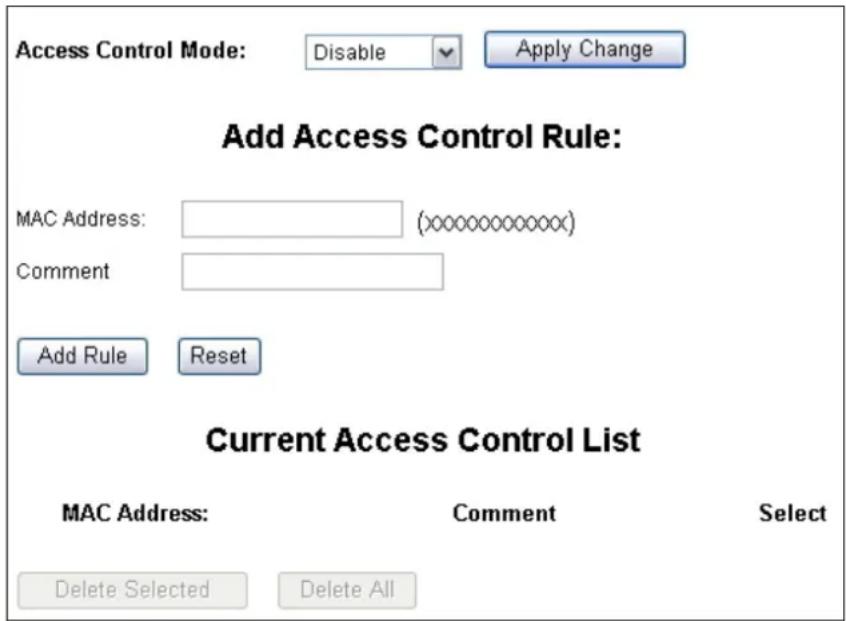 Access Control Mode: Disable Apply Change Add Access Control Rule: MAC Address: (xxxxxxxxxxxxxx) Comment Add Rule Reset Current Access Control List MAC Address: Comment Select Delete Selected Delete All