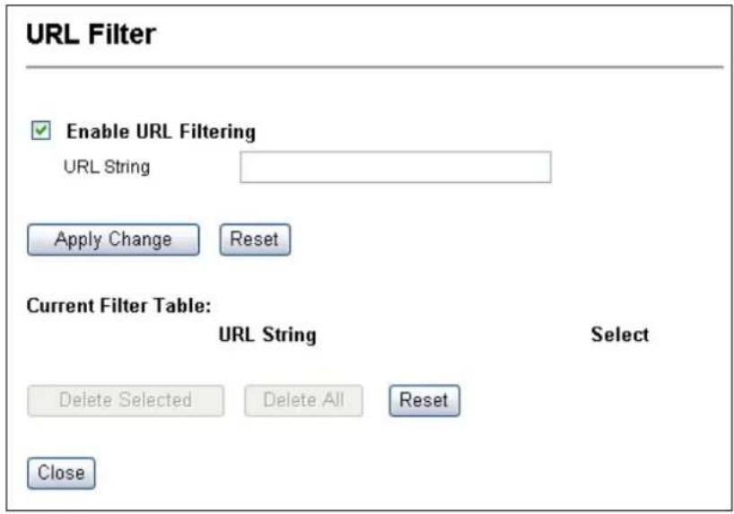 URL Filter Enable URL Filtering URL String Apply Change Reset Current Filter Table: URL String Select Delete Selected Delete All Reset Close