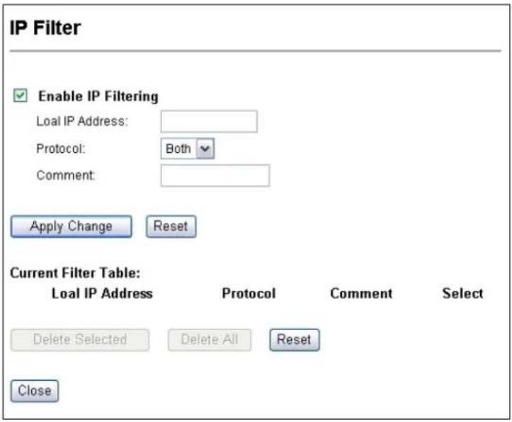 IP Filter Enable IP Filtering LoaIP Address: Protocol: Both Comment: Apply Change Reset Current Filter Table: LoaIP Address Protocol Comment Select Delete Selected Delete All Reset Close
