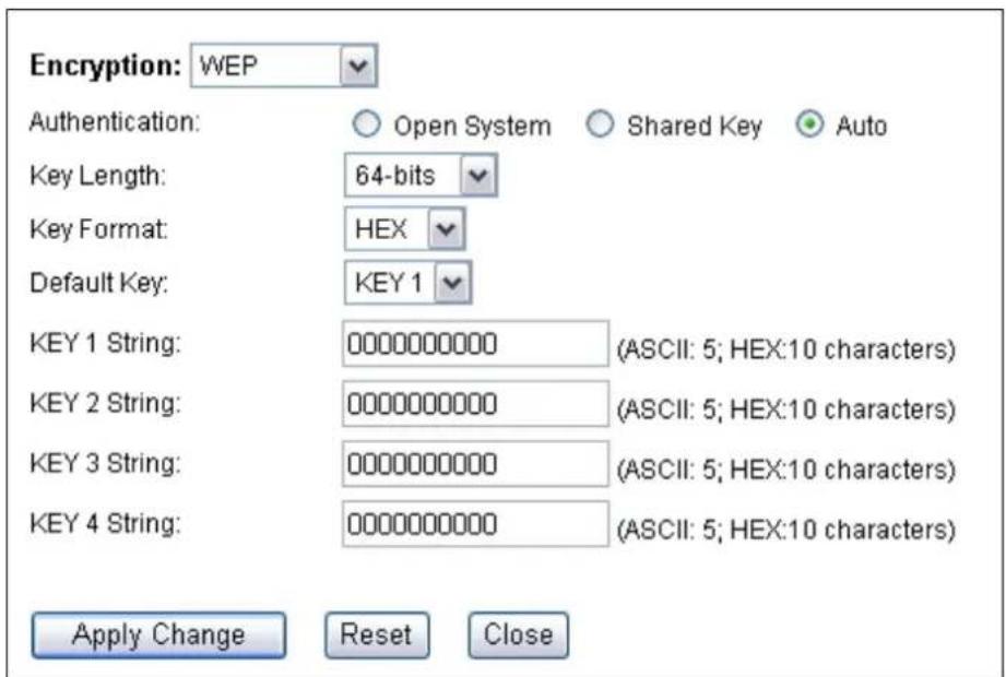 Encryption: WEP Authentication: Open System Shared Key Auto Key Length: 64-bits Key Format: HEX Default Key: KEY 1 KEY 1 String: 00000000000 (ASCII: 5; HEX:10 characters) KEY 2 String: 00000000000 (ASCII: 5; HEX:10 characters) KEY 3 String: 00000000000 (ASCII: 5; HEX:10 characters) KEY 4 String: 00000000000 (ASCII: 5; HEX:10 characters) Apply Change Reset Close
