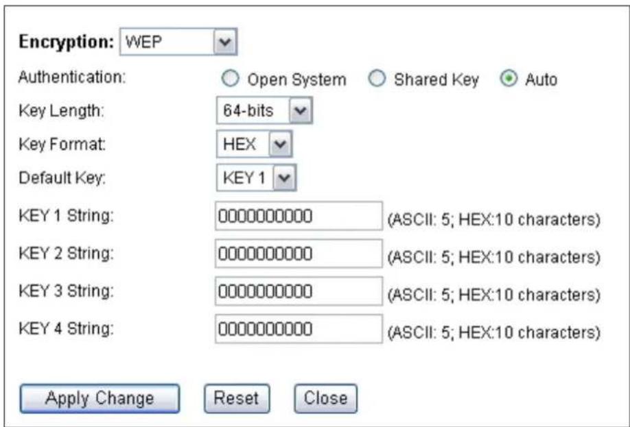 Encryption: WEP Authentication: Open System Shared Key Auto Key Length: 64-bits Key Format: HEX Default Key: KEY 1 KEY 1 String: 0000000000 (ASCII: 5; HEX:10 characters) KEY 2 String: 0000000000 (ASCII: 5; HEX:10 characters) KEY 3 String: 0000000000 (ASCII: 5; HEX:10 characters) KEY 4 String: 0000000000 (ASCII: 5; HEX:10 characters) Apply Change Reset Close