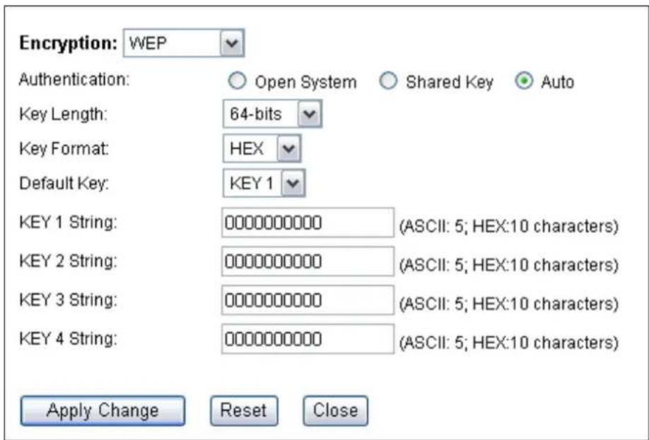 Encryption: WEP Authentication: Open System Shared Key Auto Key Length: 64-bits Key Format: HEX Default Key: KEY 1 KEY 1 String: 00000000000 (ASCII: 5; HEX:10 characters) KEY 2 String: 00000000000 (ASCII: 5; HEX:10 characters) KEY 3 String: 00000000000 (ASCII: 5; HEX:10 characters) KEY 4 String: 00000000000 (ASCII: 5; HEX:10 characters) Apply Change Reset Close