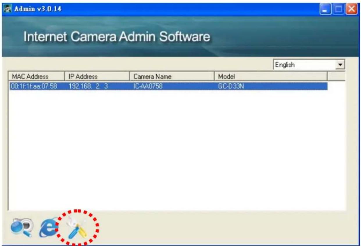 Admin v3.0.14 Internet Camera Admin Software English MAC Address IP Address Camera Name Model 00:1f:1f:aa:07:58 192.168. 2. 3 IC-AA0758 GC-D33N