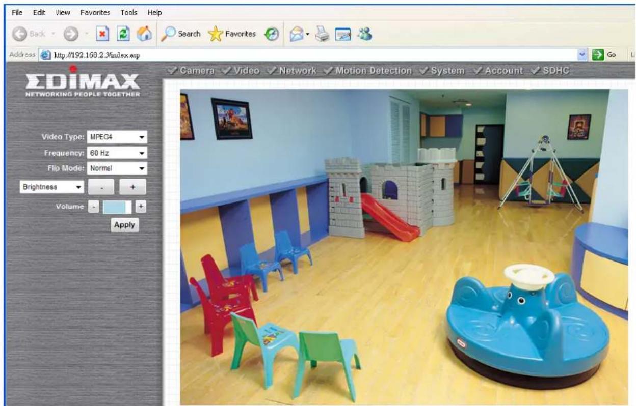 File Edit View Favorites Tools Help Back Search Favorites Address http://192.160.2.3/uulex.asp Go EDIMAX NETWORKING PEOPLE TOGETHER Video Type: MPEG4 Frequency: 60 Hz Flip Mode: Normal Brightness Volume Apply Camera Video Network Motion Detection System Account SDHC