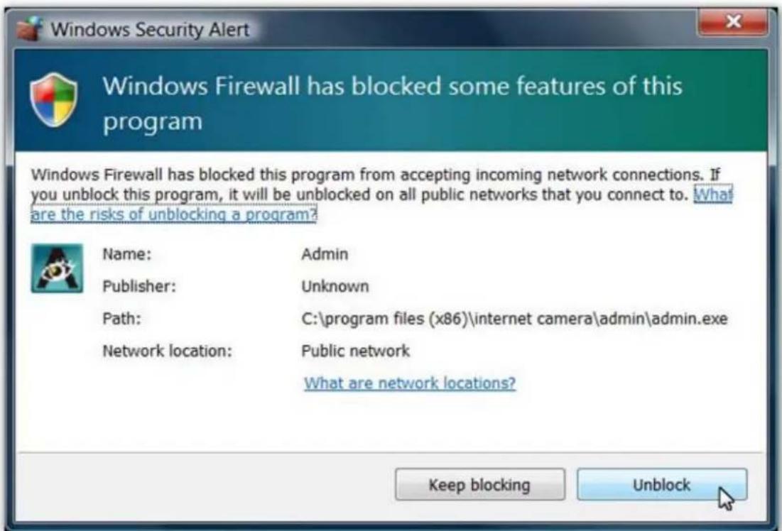 Windows Security Alert Windows Firewall has blocked some features of this program Windows Firewall has blocked this program from accepting incoming network connections. If you unblock this program, it will be unblocked on all public networks that you connect to. What are the risks of unblocking a program? Name: Admin Publisher: Unknown Path: C:\program files (x86)\internet camera\admin\admin.exe Network location: Public network What are network locations? Keep blocking Unlock