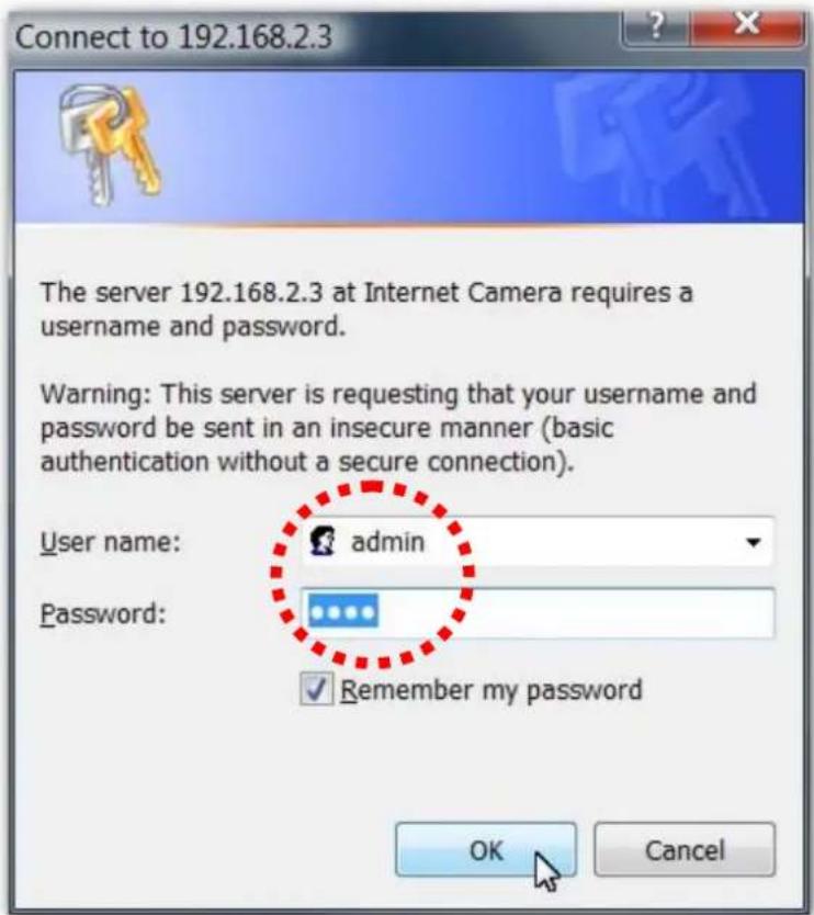 Connect to 192.168.2.3 The server 192.168.2.3 at Internet Camera requires a username and password. Warning: This server is requesting that your username and password be sent in an insecure manner (basic authentication without a secure connection). User name: admin Password: Remember my password OK Cancel