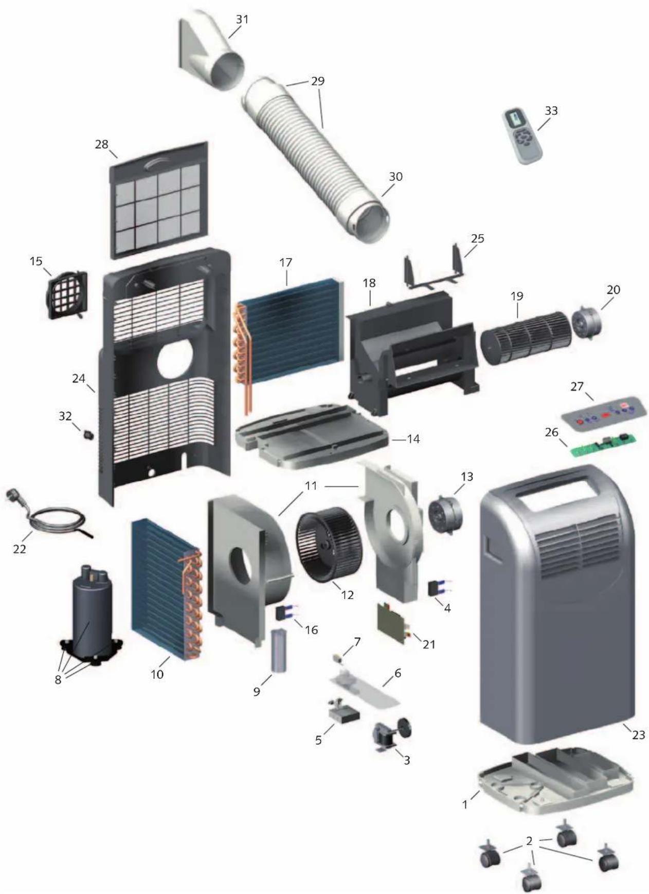 Exploded view diagram of household air conditioner components with numbered parts