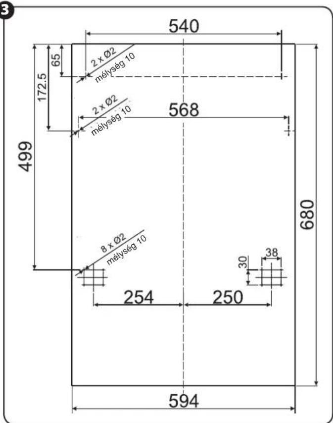 3 540 2 x Ø2 mélység 10 172.5 65 2 x Ø2 mélység 10 568 499 680 8 x Ø2 mélység 10 254 250 30 38 594