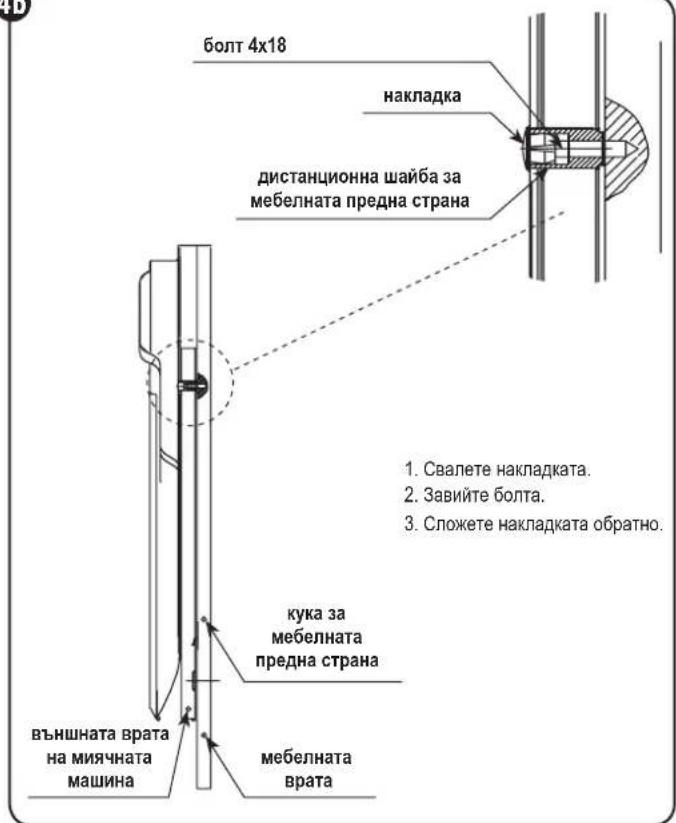 болт 4x18 накладка дистанционна шайба за мебелната предна страна кука за мебелната предна страна външната врата на миячната машина мебелната врата 1. Свалете накладката. 2. Завийте болта. 3. Сложете накладката обратно.