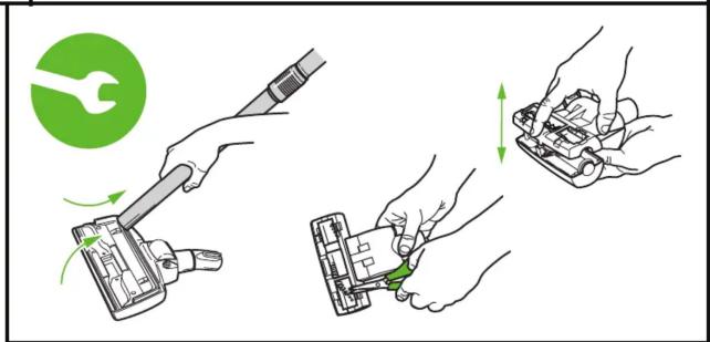 Illustration showing three-step robotic arm tool manipulation process with green circular icon and directional arrows