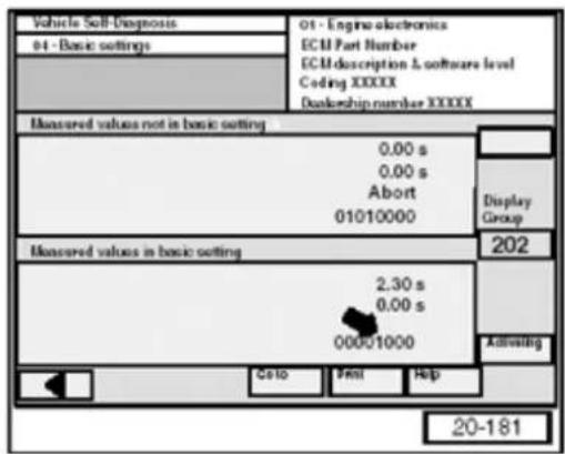 Vehicle Self-Diagnosis 04 - Basic settings 01 - Engine electronics ECM Part Number ECM description & software level Coding XXXXX Doublership number XXXXX Measured values not in basic setting 0.00 s 0.00 s Abort 01010000 Display Group Measured values in basic setting 2.30 s 0.00 s 00001000 202 Actuating Colo Print Help 20-181