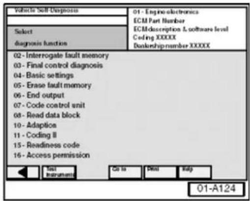 Vehicle Self-Diagnosis Select diagnosis function 01 - Engine electronics ECM Part Number ECMDescription & software level Coding XXXXX Daimershipnumber XXXXX 02 - Interrogate fault memory 03 - Final control diagnosis 04 - Basic settings 05 - Erase fault memory 06 - End output 07 - Code control unit 08 - Read data block 10 - Adaption 11 - Coding II 15 - Readiness code 16 - Access permission Not Instruments Go to Print Help 01-A124