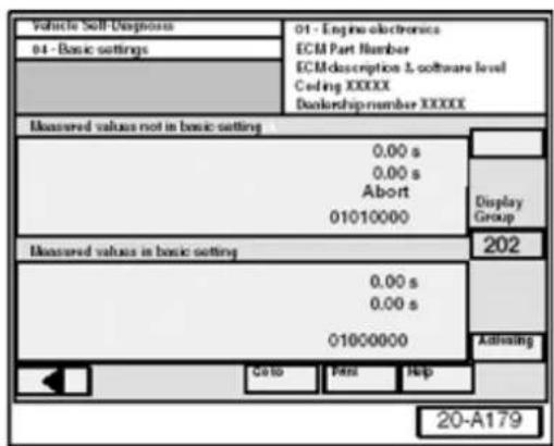 Vehicle Self-Diagnosis 01 - Engine electronics ECM Part Number ECM description & software level Coding XXXXX Dealership number XXXXX Measured values not in basic setting 0.00 s 0.00 s Abort 01010000 Measured values in basic setting 0.00 s 0.00 s 01000000 Display Group 202 Activeing Coto Print Help 20-A179