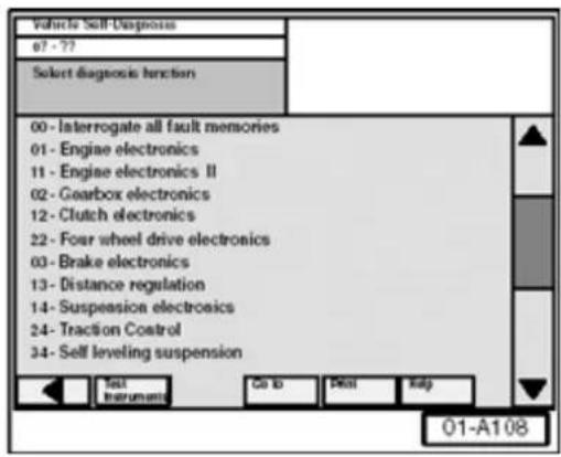 Vehicle Self-Diagnosis 07 - 77 Select diagnosis function 00 - Interrogate all fault memories 01 - Engiae electronics 11 - Engiae electronics II 02 - Gearbox electronics 12 - Clutch electronics 22 - Four wheel drive electronics 03 - Brake electronics 13 - Distance regulation 14 - Suspension electronics 24 - Traction Control 34 - Self leveling suspension Test Instruments Go to Print Help 01-A108